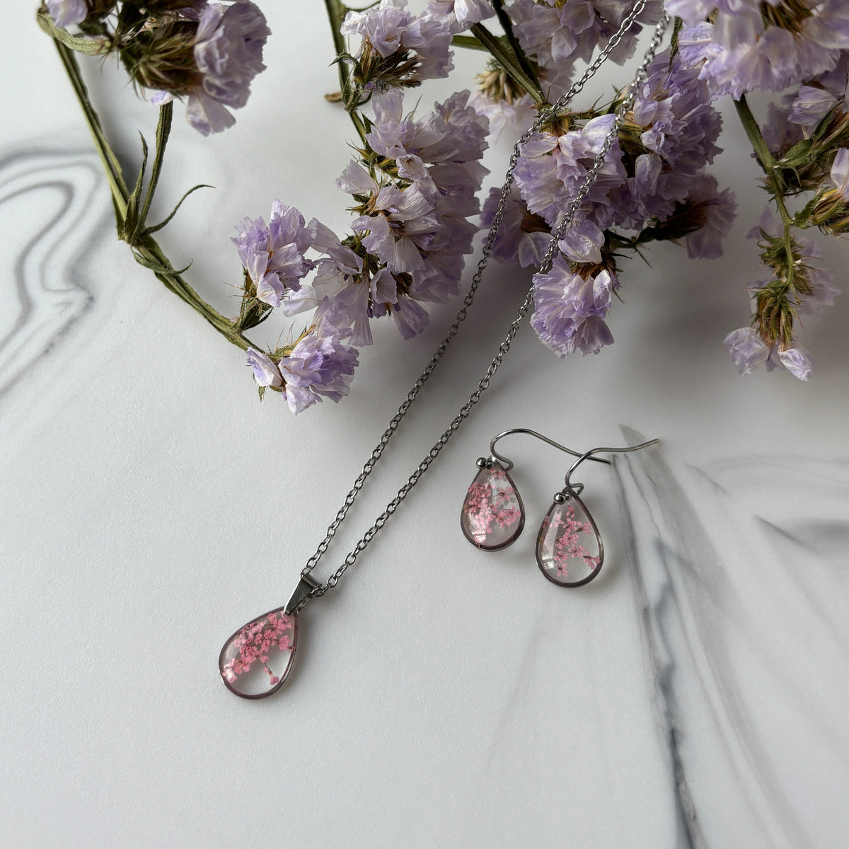Queen Anne's Lace Pink Teardrop Hook Earrings