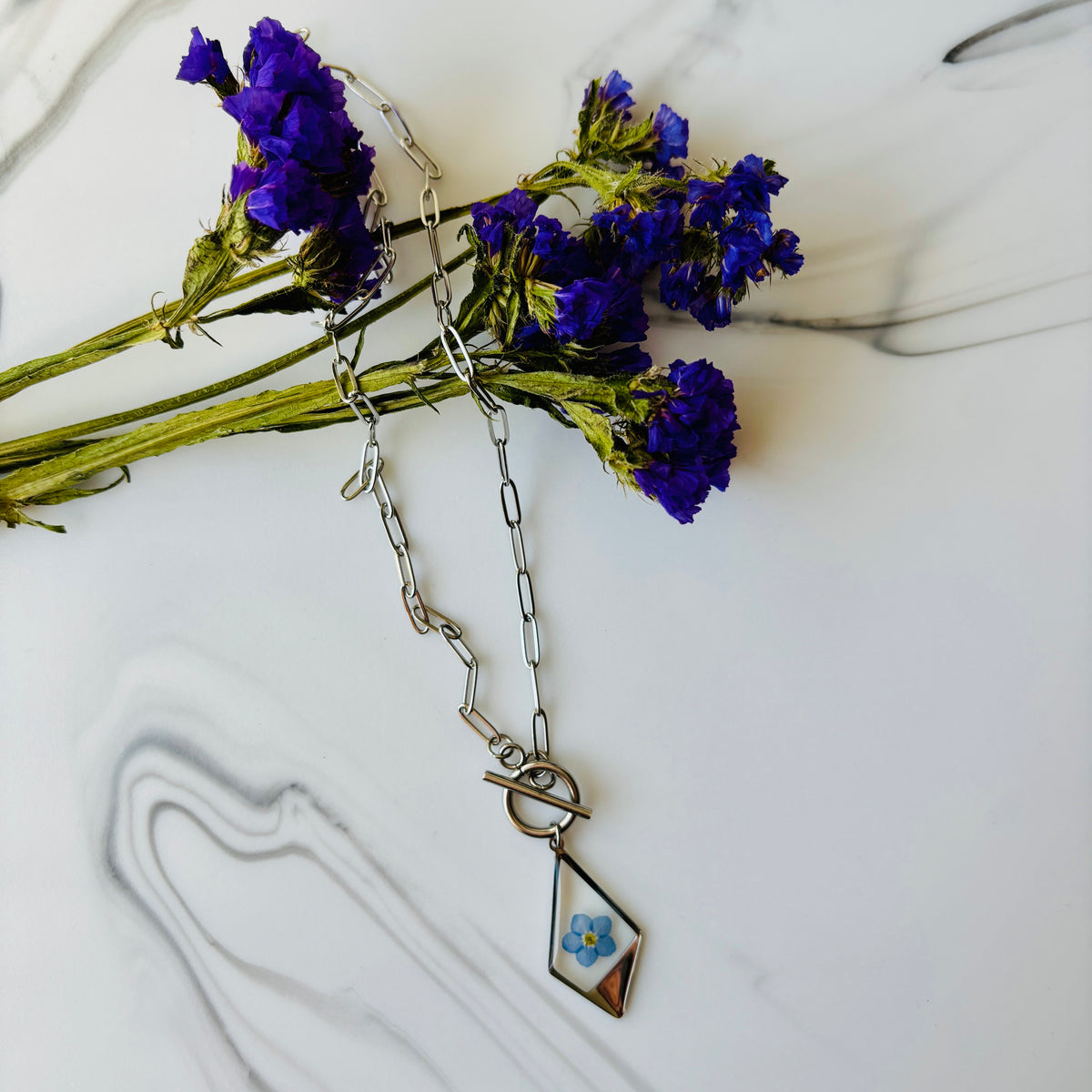 Forget-Me-Not - Paper Clip Rhombus Pendant Necklace