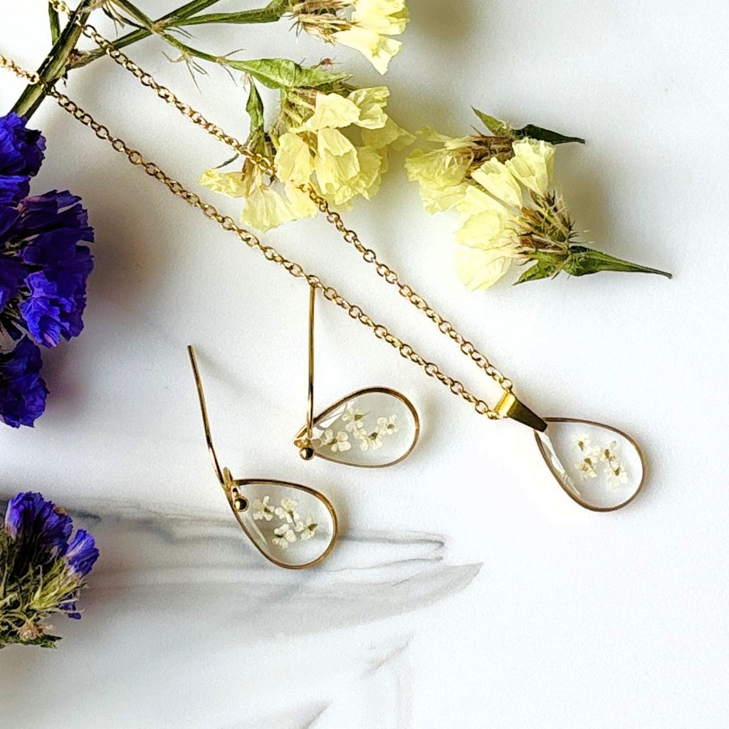 Queen Anne's Lace White Teardrop Hook Earrings